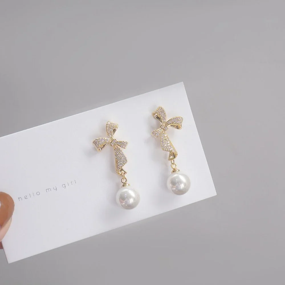 NEW 14K Gold Plated Diamond Bow Pearl Earrings - Picture 3 of 7